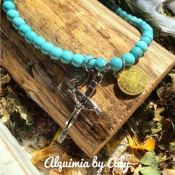 Saint Benedict cross Virgin Mary medals turquoise beaded necklace - Picture 1 of 5